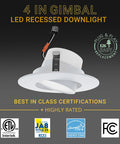 4 Inch Gimbal LED Recessed Can Light For Sloped Ceilings, Dimmable 750LM Output, 5 CCTs 2700K To 5000K, Aluminum Trim, Certifications