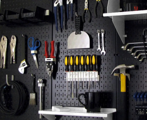 Heavy Duty Metal Pegboard Set Two Panels 32 Inch Tall By 16 Inch Wide Black For Garage Gear Organization Durable Wall Mount Pegboard Slotted Hooks And Brackets Compatible Anti Fray Hole Design with tools organized