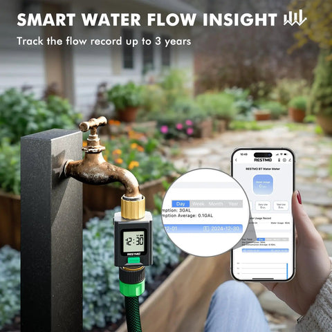 Smart Water Flow Meter With Backlit Screen, 2.4GHz WiFi And Bluetooth, Real Time Usage, Flow Rate And History, Smart Life App Remote Water Monitoring For Home Efficiency And Conservation on garden hose