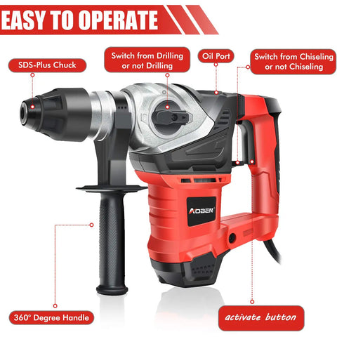 Beast Mode Heavy Duty Rotary Hammer Drill With Vibration Control And Safety Clutch, 13 Amp SDS Plus Demolition Hammer For Concrete, Includes 3 Drill Bits And Flat And Point Chisels, 1-1/4 Inch Capacity