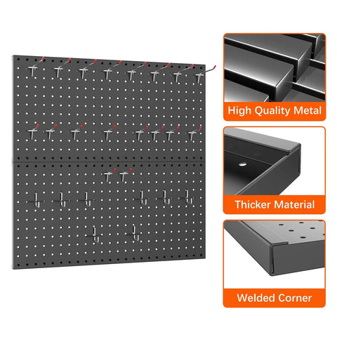 Heavy Duty Metal Pegboard Panels For Wall Garage Gear Storage And Organization Durable Steel Pegboard For Garage Workbench Modular Tool Organizer Board Pack Of 2 In Black displayed with hooks and features like high-quality metal and welded corners.