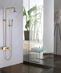 Slick Brushed Gold Rainfall Shower Kit With 10 Inch Mass Flow Head And Easy Grip Handheld Sprayer Wall Mounted Bath Ensemble in modern bathroom.