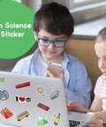 Science Sticker Pack 200 Pcs For Students And Teachers on laptop with kids, featuring colorful science-themed decals.