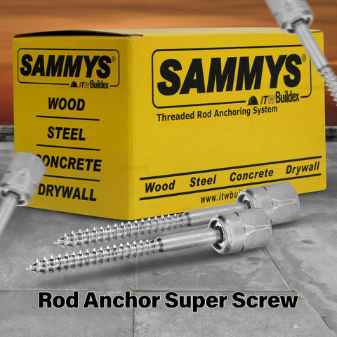 Box of "SAMMYS Threaded Rod Anchoring System" and Rod Anchor Super Screw on display