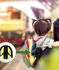 Child in backpack with train background and Kids Noise Canceling Ear Muffs With 25dB NRR ANSI Certified Hearing Protection inset