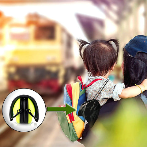 Child in backpack with train background and Kids Noise Canceling Ear Muffs With 25dB NRR ANSI Certified Hearing Protection inset