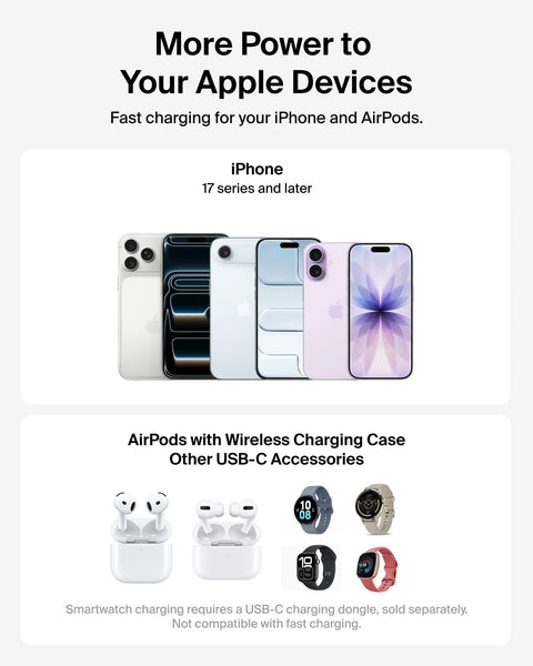 iPhone 17 series and AirPods with wireless charging cases and USB-C accessories displayed.
