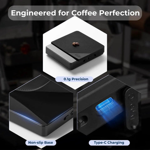 Espresso Coffee Scale With Timer For Baristas And Home Brewers, Digital 2 Kg Capacity, showing precision, non-slip base, charging port.