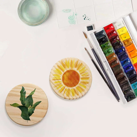 Dicunoy 4-inch round unfinished wood coasters; two wooden coasters with sunflower and leaf designs for crafts
