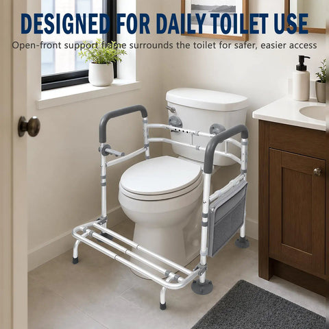 Premium Heavy Duty Toilet Safety Rails for Seniors 500 Lbs Weight Capacity Stand Alone Adjustable Height Width Aluminum Frame in bathroom.