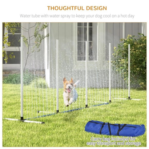 Dog playing under water spray with Pet Agility Training 2-Piece Set With Weave Pole, 32.8-Foot Water Spray Hose, Training Stand