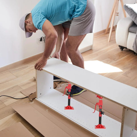 Cabinet jacks for installing upper cabinets, 2-pack with red clamps and adjustable black poles