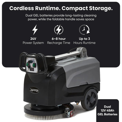 Battery Powered Walk Behind Floor Scrubber Buffer Polisher With Foldable Handle 15 Inch Brush 19 Inch Squeegee 4.5 Gallon Tank