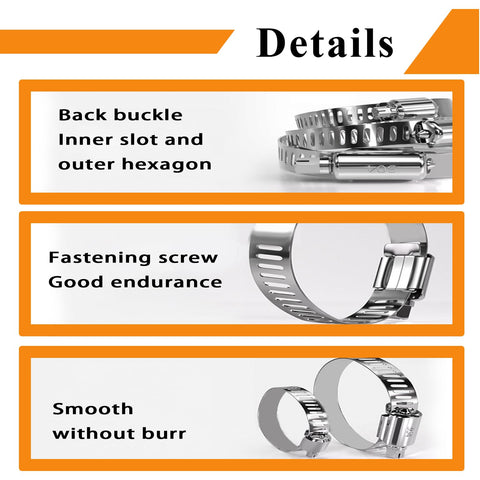 Stainless Steel Hose Clamp Kit 20 Pcs 40 To 108 mm Adjustable Worm Gear Assortment details, including buckle, screw, and smooth finish
