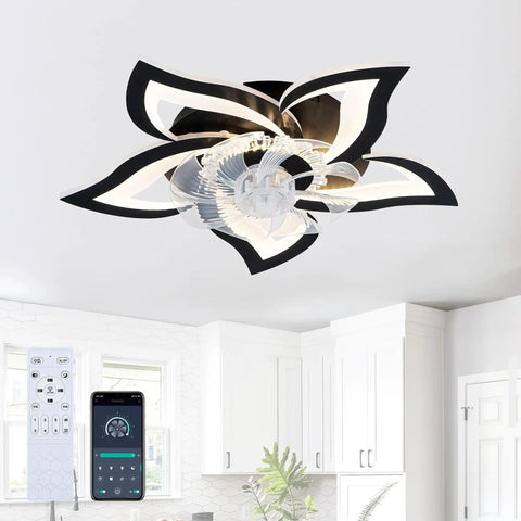 5 Pc Ceiling Fan with Lights Remote Control 24 inch Black 6 Speeds 3 Light ceiling fan with floral design and remote control.