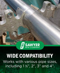 Sawyer Welders 3rd Hand pipe welding clamp installed on steel pipe for butt weld alignment.