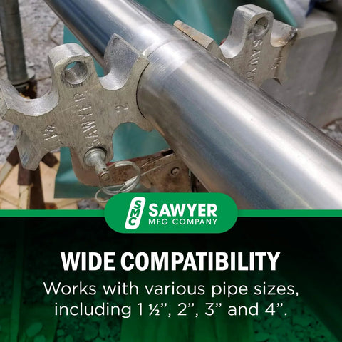 Sawyer Welders 3rd Hand pipe welding clamp installed on steel pipe for butt weld alignment.