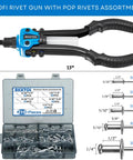 Two Handed Heavy Duty Rivet Gun Kit With 13 Inch Reach 210 Blind Rivets And Five Nosepieces Including Three Sixteenth Inch and One Eighth Inch
