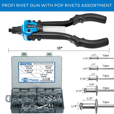 Two Handed Heavy Duty Rivet Gun Kit With 13 Inch Reach 210 Blind Rivets And Five Nosepieces Including Three Sixteenth Inch and One Eighth Inch