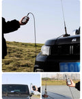 Person using RG8X Coax Cable 50 Ohm with UHF PL259 connectors testing radio setup on vehicle near water