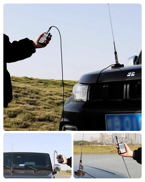 Person using RG8X Coax Cable 50 Ohm with UHF PL259 connectors testing radio setup on vehicle near water