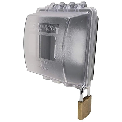 Two Gang Weatherproof In Use Outlet Cover For Outdoor Plugs And Receptacles, Lockable, UL Extra Duty Compliant, clear plastic cover with padlock