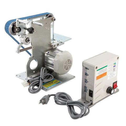Heavy Duty 550W Brushless Belt Sander Built Tough As Nails For Metal And Wood Work 1X30 Inch 6000RPM Horizontal Polishing Machine showing motor, control box, and sanding belt.