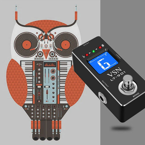 Owl design beside Chromatic Guitar Tuner Pedal With Ultra Fast Highly Accurate Tuning And 1 Cent Precision Pitch Indicator True Bypass For Electric Guitar And Bass Simple Tuner And Bypass Modes Stage Ready For Studio Sessions, showcasing detailed craftsmanship and digital display