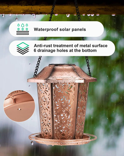 Solar Powered Bird Feeder For Outdoors Hanging Built Tough Premium Metal Construction Chew Proof Weather And Water Resistant Garden Decor Lantern By Night Dope For Yards And Patios with waterproof panels and decorative design.