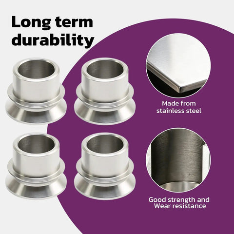 High Misalignment Spacer Set For Heim Joints, Converts 1/2 In Heim Joint To 3/8 In Bolt, Stainless Steel Rod End Spacers, Set Of 4, Heavy Duty, Rock Solid Fit For Automotive And Off Road Linkage; four stainless spacers