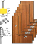 Top Shelf Rabbet Router Bit Set With Six Interchangeable Guide Rollers And Half Inch Shank For Flawless Woodworking Joints, includes guide rollers and wood samples.