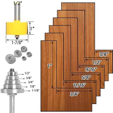 Top Shelf Rabbet Router Bit Set With Six Interchangeable Guide Rollers And Half Inch Shank For Flawless Woodworking Joints, includes guide rollers and wood samples.