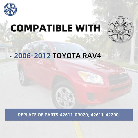 Chrome Silver 17 Inch Wheel Skins For Toyota RAV4 2006 To 2012 Snap On Rim Covers shown on red RAV4 in a driveway.