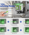 Rock Solid 360 Self Leveling Green Laser Level With 12 Dead On Cross Lines showcasing remote control features and line modes.