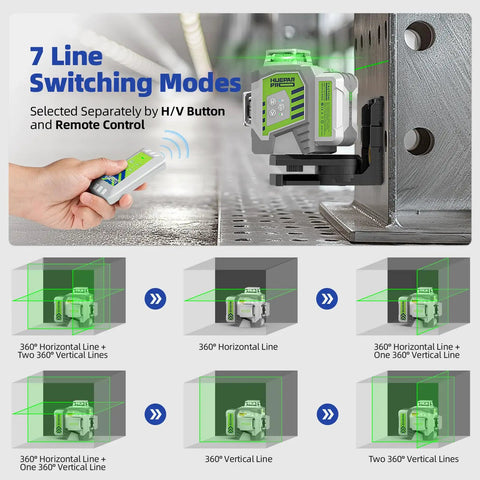 Rock Solid 360 Self Leveling Green Laser Level With 12 Dead On Cross Lines showcasing remote control features and line modes.