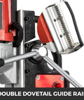 Brm35 50mm Magnetic Drill Press With Rocker Lever Electric Bench Drilling Rig Machine For Engineering Steel Structure Featuring 980W Copper Motor And 680Rpm Speed showing double dovetail guide rail mechanism.