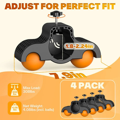 Rocker Feet Adapters For Indoor Cycling Trainers, 4 Pack With 8 Squash Balls, adjustable fit for 1.8-2.24 inch round tubes