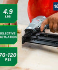 16 Gauge Finish Nailer With 1 Inch To Two And A Half Inch Nails Lightweight 3.7 Lb Pneumatic Nail Gun Bump Fire Or Sequential Fire Modes Aluminum Magazine For Trim And Cabinet Work Pro Grade Finish Nailer in use on wood