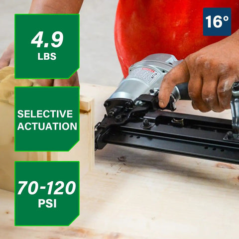 16 Gauge Finish Nailer With 1 Inch To Two And A Half Inch Nails Lightweight 3.7 Lb Pneumatic Nail Gun Bump Fire Or Sequential Fire Modes Aluminum Magazine For Trim And Cabinet Work Pro Grade Finish Nailer in use on wood