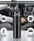 Portable Car Electric Kettle With Smart Temp Control Fits Standard Holders Great For Road Trips And Daily Grinds Brews Fresh Coffee Or Tea Right On Your Dash Reliable Gear For Modern Drivers Seeking Chill Vibes In Sleek Black Finish in car with steaming drink.