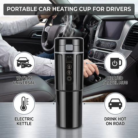Portable Car Electric Kettle With Smart Temp Control Fits Standard Holders Great For Road Trips And Daily Grinds Brews Fresh Coffee Or Tea Right On Your Dash Reliable Gear For Modern Drivers Seeking Chill Vibes In Sleek Black Finish in car with steaming drink.