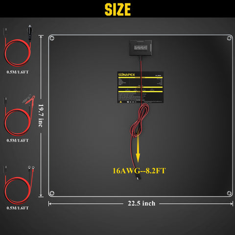 Diagram showing the 12V 50W Solar Trickle Charger With MPPT Controller dimensions and cable sizes for cars and RVs.