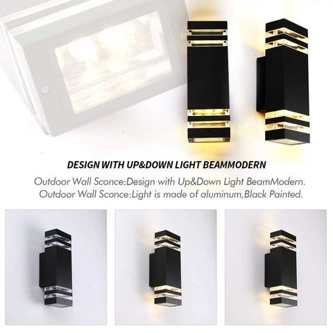 12.8 Inch LED Outdoor Rectangle Wall Sconce Light Two Pack Dope Black Exterior Flood Light With IP65 Waterproof 2700K Warm White Up And Down Lighting For Porch Patio Garage