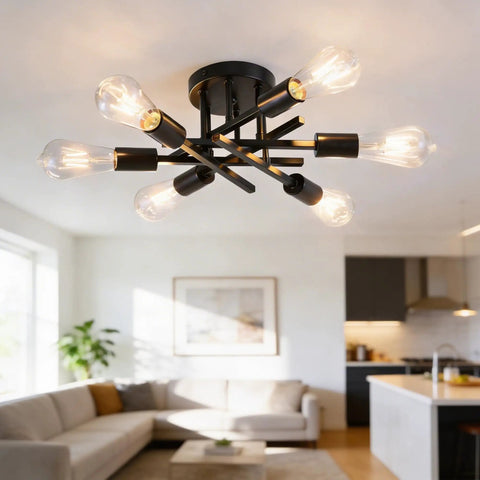 Six Arm Semi Flush Mount Ceiling Light Fixture Modern Black Sputnik Chandelier Lighting For Dining Room Kitchen Bedroom
