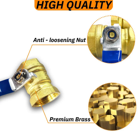 Close-up of Beefy Two Pack Half Inch Full Port Brass Ball Valves with anti-loosening nut and premium brass details