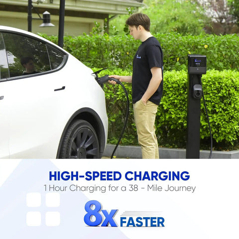 Person charging electric vehicle using Level 2 EV Charger 40 Amp 240V 9.6kW Smart Wall Mount For Home 25 Foot Cable J1772