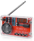 FM Radio Soldering Practice Kit With LED Display And Auto Station Search in clear acrylic case, red circuit board visible.