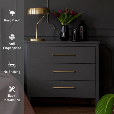 Antique Brass Cabinet Pulls 5-Pack, 7-9/16 Inch Center Bar Drawer Handles For Kitchen Cupboards And Dressers installed on drawers.