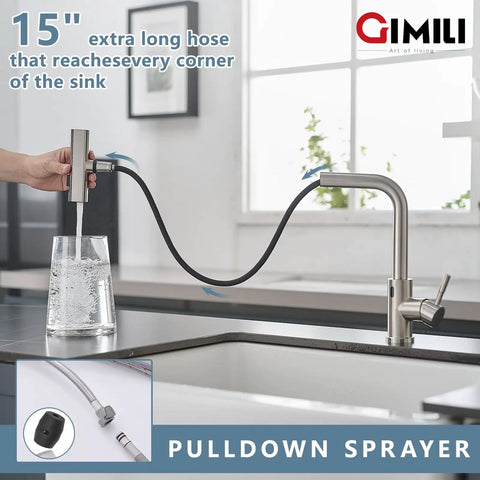 Slick Hands Free Kitchen Sink Faucet With Pull Down Sprayer And Waterfall Flow Featuring 360 Degree Swivel Design and No Sweat Auto Shut Off Feature For Everyday Home Cooking Tasks with an extra long hose.