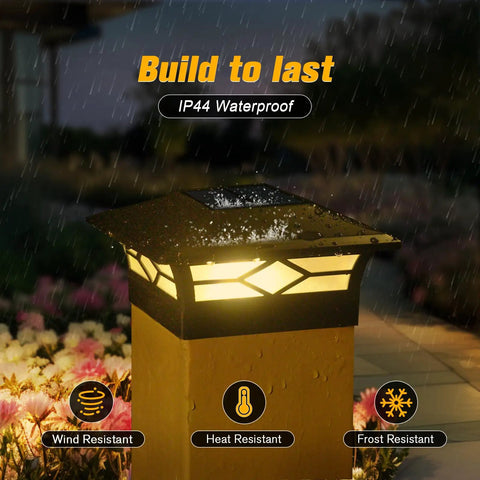 Slick Heavy Duty Solar Post Cap Lights Outdoor 12 Pack waterproof post light with IP44 rating, showcasing warm white glow and rain resistance.